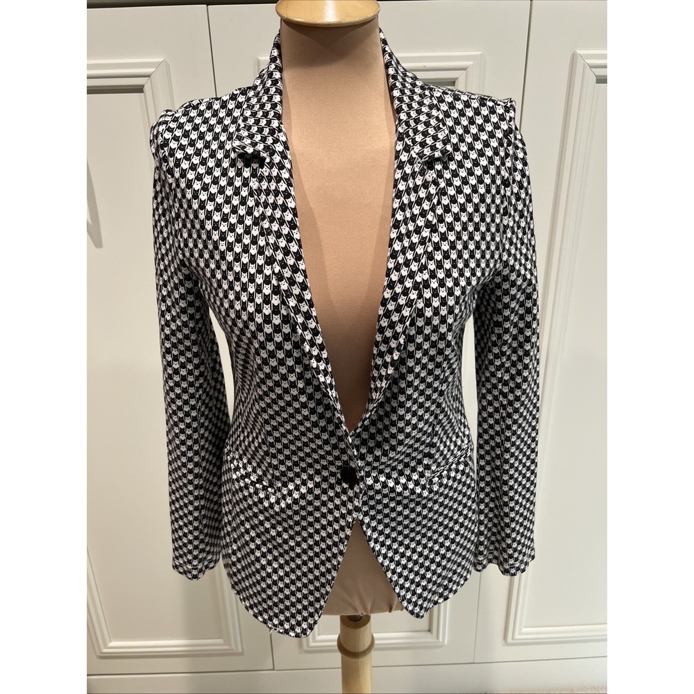 Betabrand Catstooth Stretch Knit Blazer Black & White Cat Lover Novelty Retro